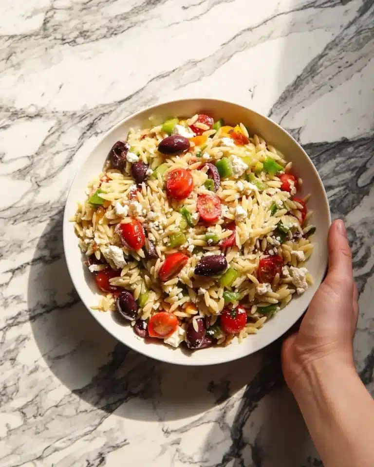 Bowl of Greek Orzo Salad with feta, olives, and fresh vegetables