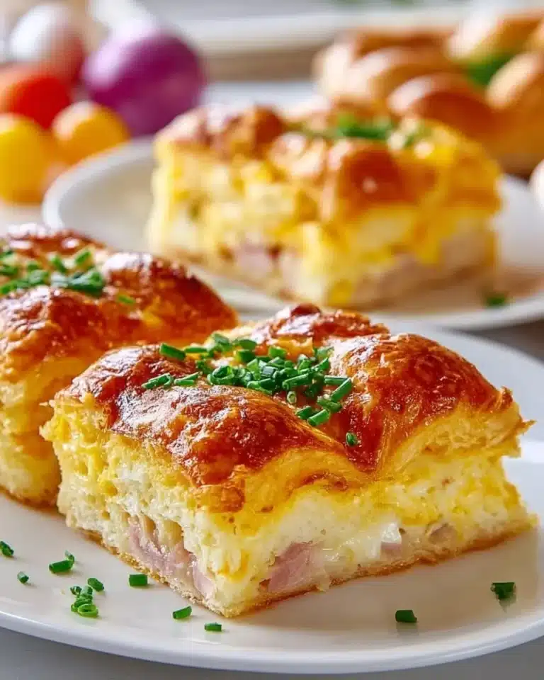 Delicious ham and cheese croissant breakfast casserole with layers of flavor.