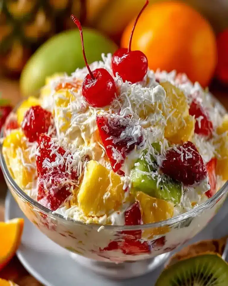 A bowl of Hawaiian Cheesecake Salad topped with fresh fruits and whipped cream
