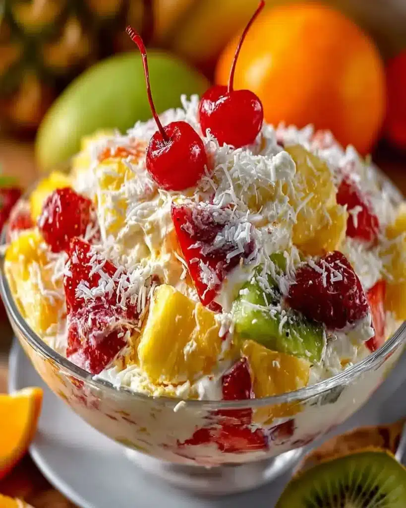A bowl of Hawaiian Cheesecake Salad topped with fresh fruits and whipped cream