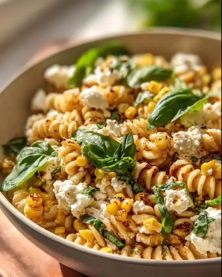 Juicy street corn pasta salad with vibrant vegetables and creamy dressing