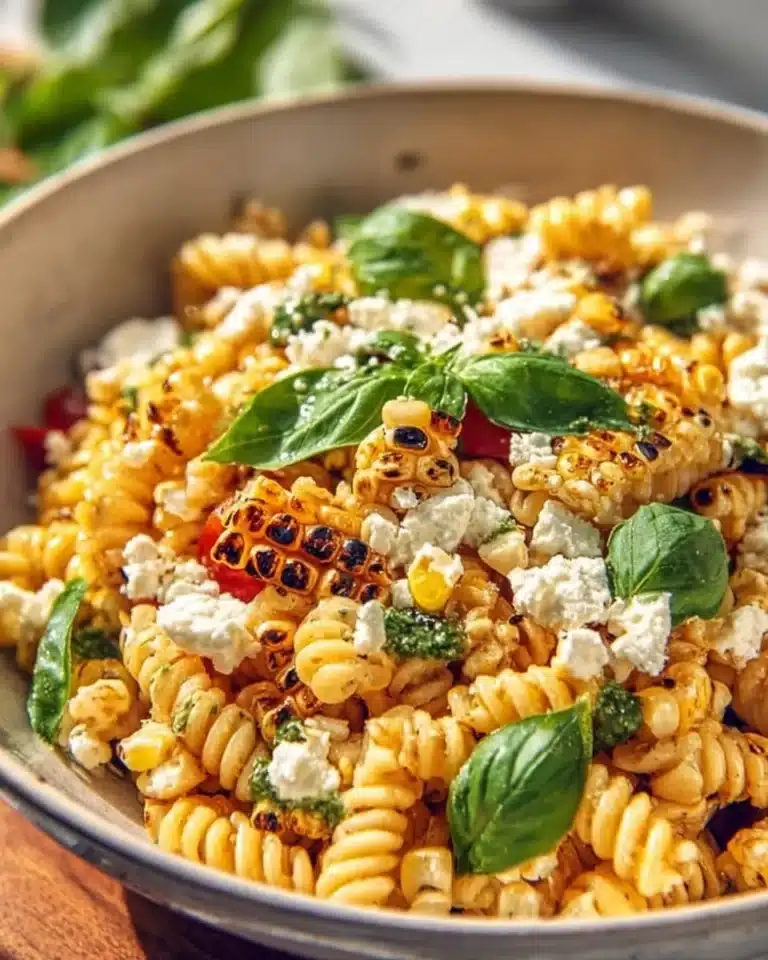Delicious Juicy Street Corn Pasta Salad served in a bowl with fresh ingredients.
