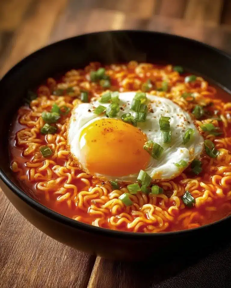 Bowl of Korean spicy ramen with beef, garnished with green onions and chili flakes.