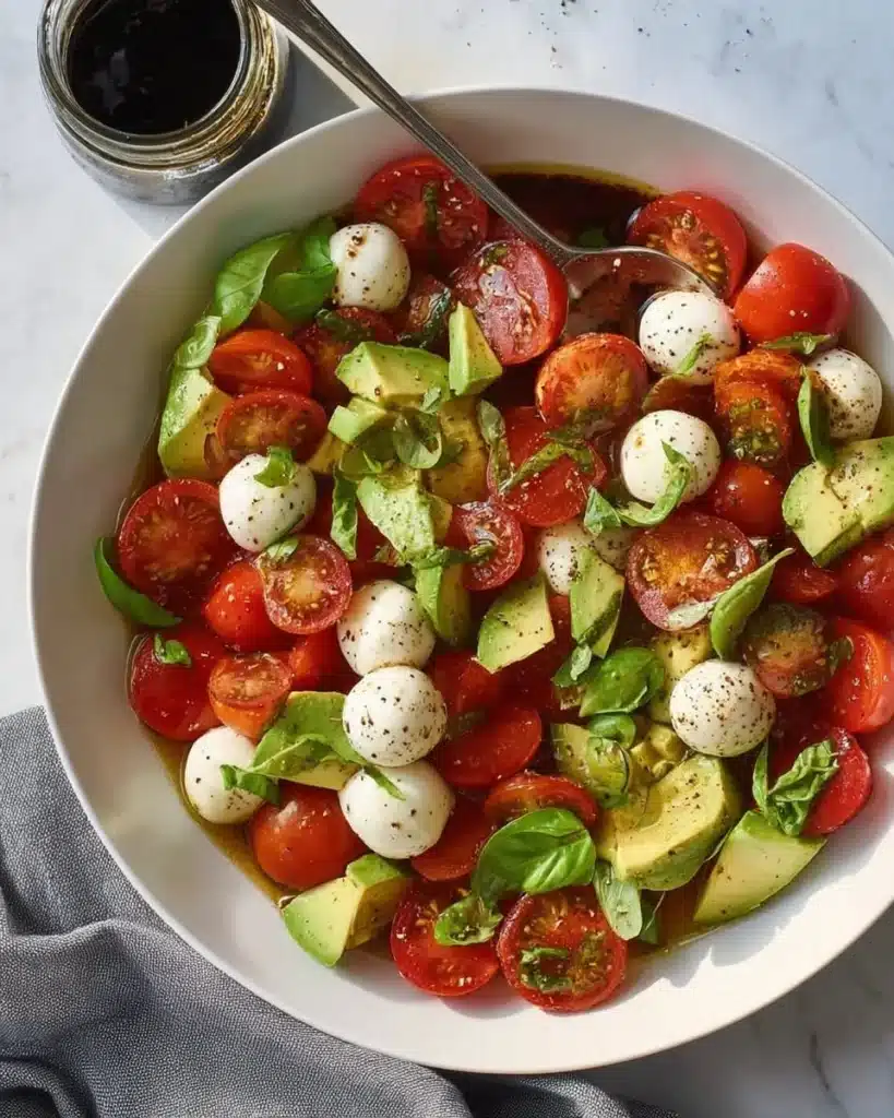 Light Avocado Caprese Salad with tomatoes, avocados, and basil