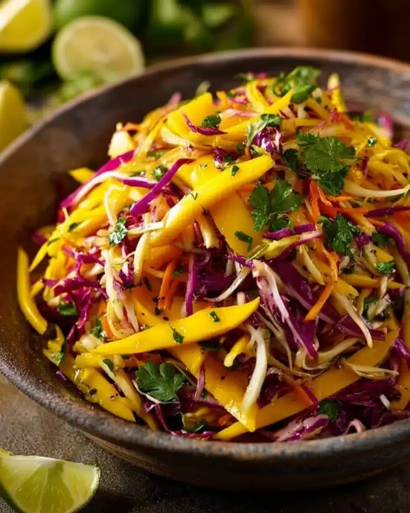 Fresh and colorful Mango Slaw with vegetables in a bowl