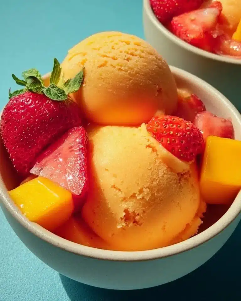 A bowl of vibrant Mango Strawberry Sorbet topped with fresh strawberries.
