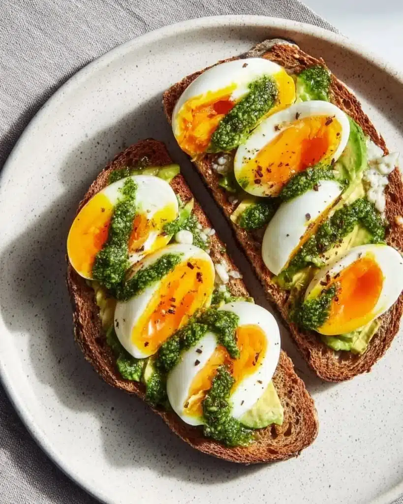 Pesto Avocado Toast topped with eggs, garnished with herbs on a plate.