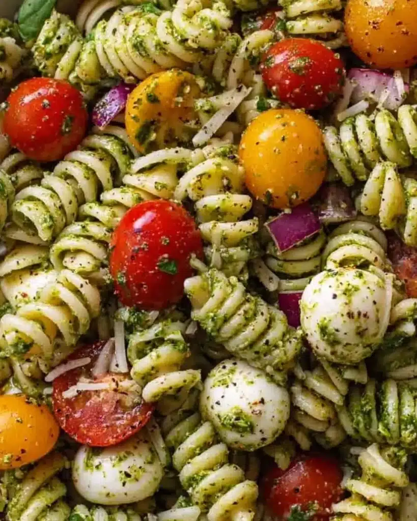 Delicious pesto pasta salad with fresh tomatoes and mozzarella cheese