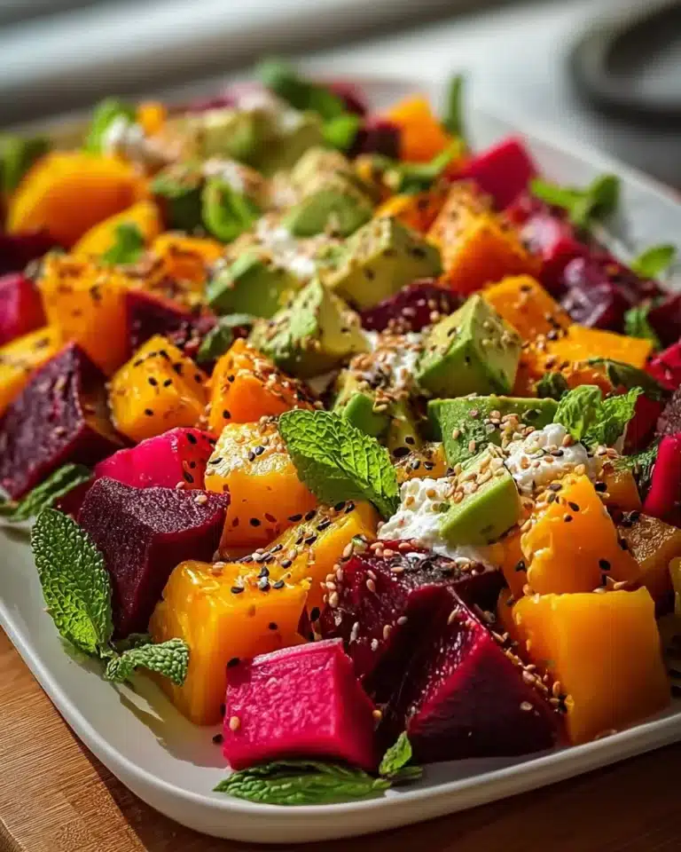 Roasted Beet, Sweet Potato & Avocado Salad with Whipped Ricotta & Lemon-Tahini Drizzle 2 Roasted beet salad with sweet potato, avocado, whipped ricotta, and lemon-tahini drizzle