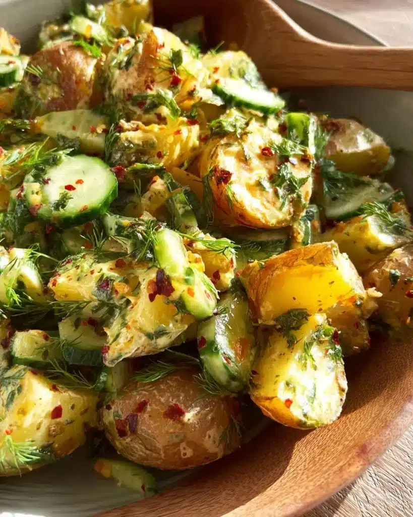 Delicious roasted potato salad garnished with herbs in a bowl