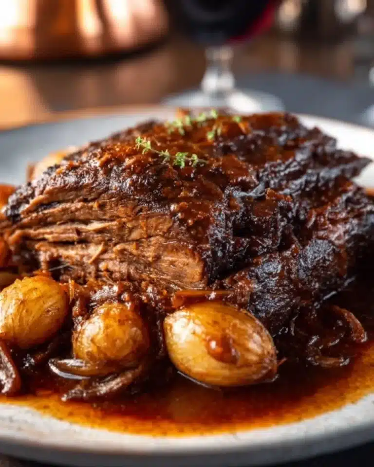Slow cooked beef brisket served on a plate with side dishes.