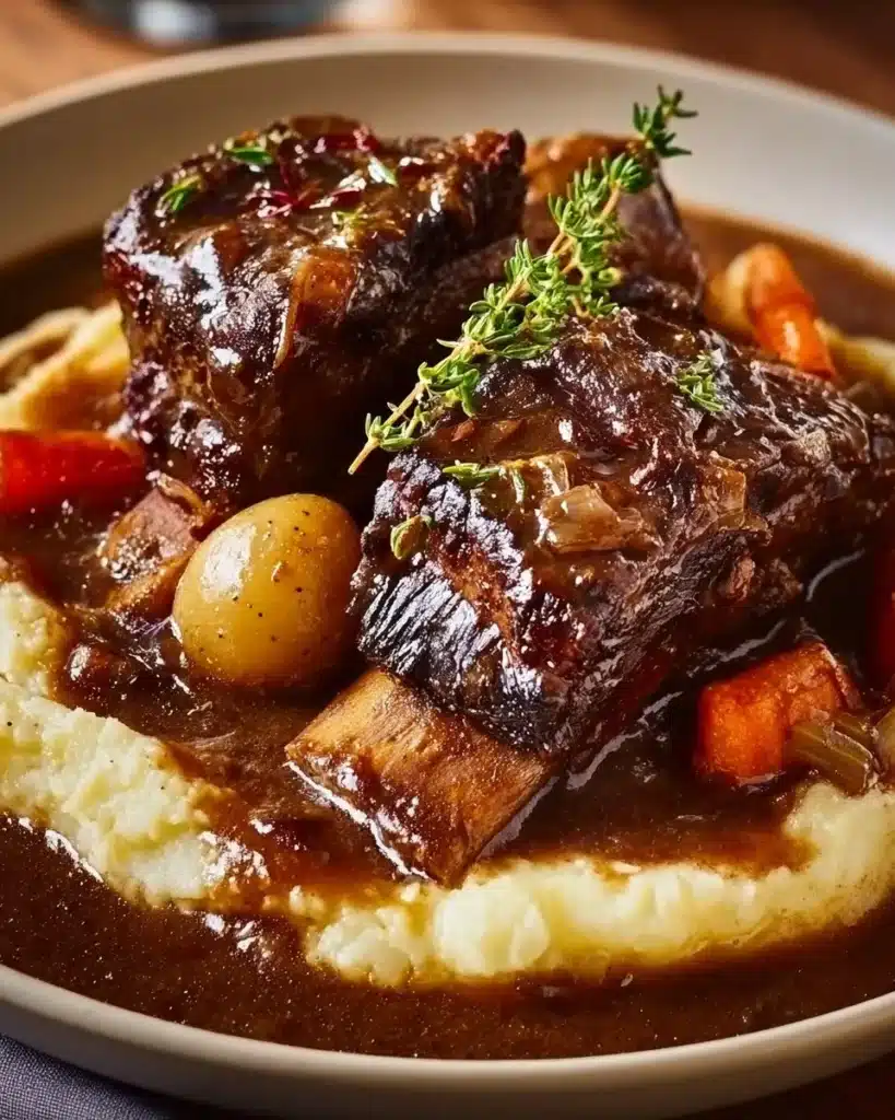 Delicious slow-cooked beef short ribs served with vegetables.
