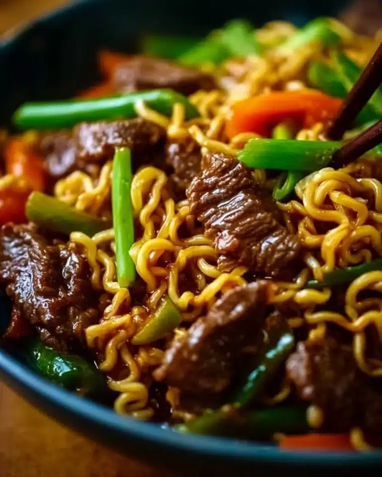 Slow Cooker Beef Ramen Noodles 2 Delicious slow cooker beef ramen noodles in a bowl with green onions