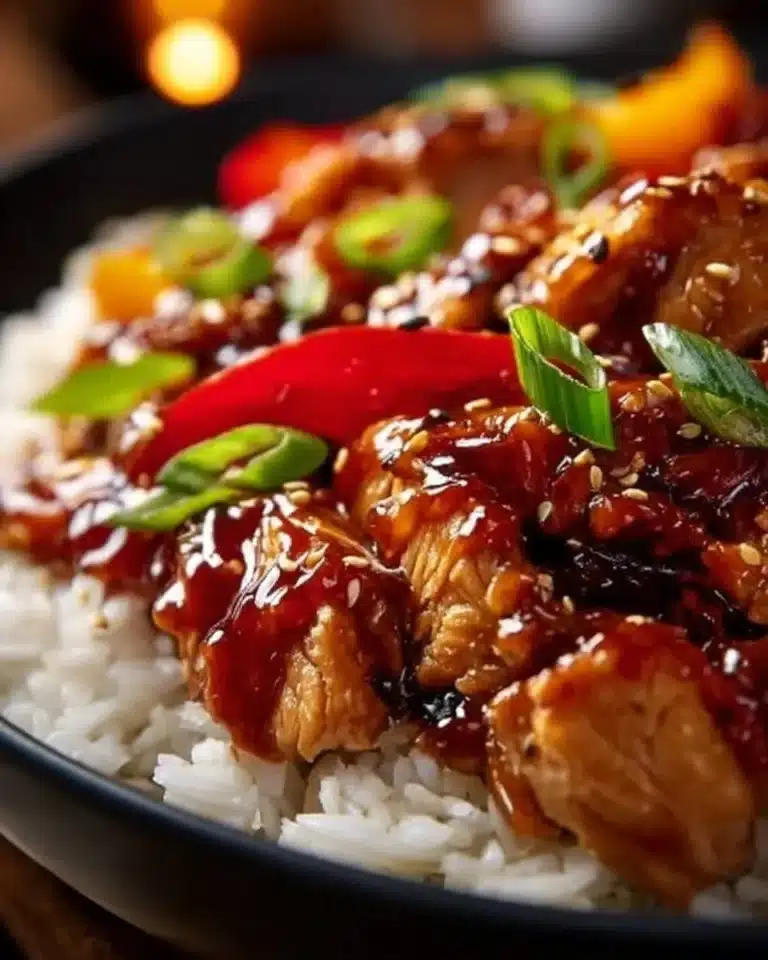 Slow Cooker Sweet Chili Chicken served in a bowl with fresh vegetables