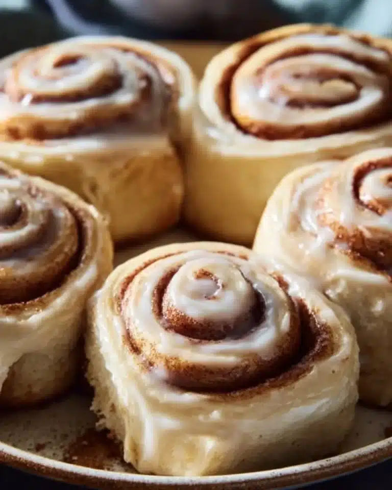 Sourdough Cinnamon Rolls Recipe 2 Freshly baked sourdough cinnamon rolls with icing on a wooden table