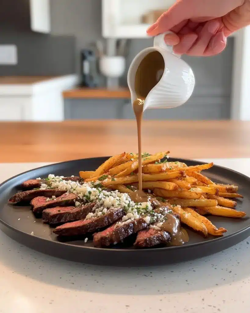 Juicy steak served with crispy fries on a plate