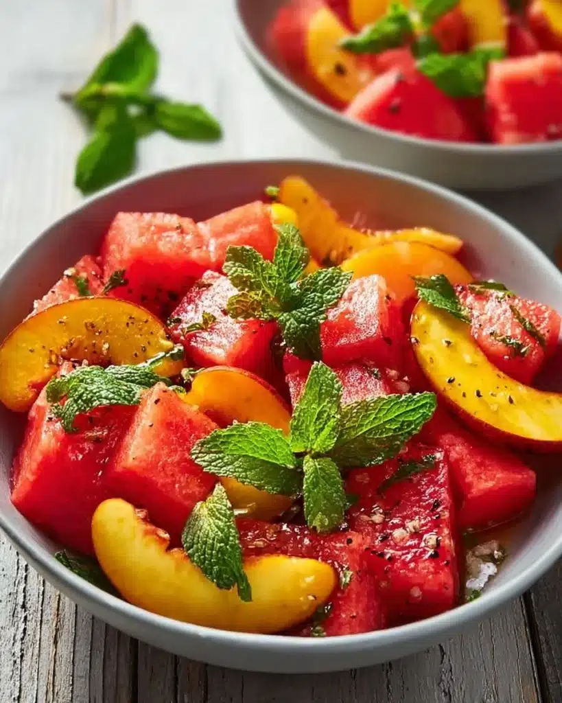 Refreshing summer peach and watermelon salad in a colorful bowl