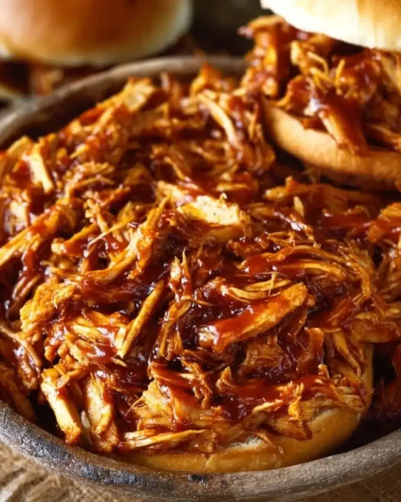 Delicious crockpot BBQ chicken served on a plate with garnish.