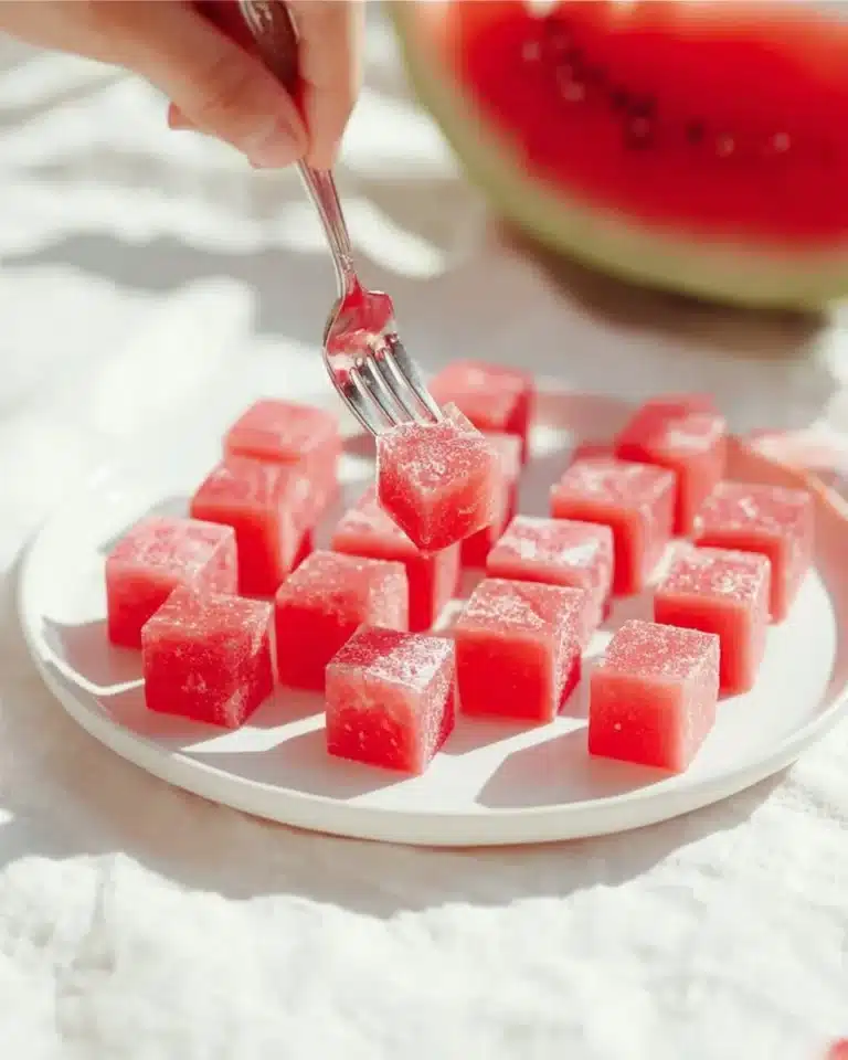 Delicious watermelon mochi dessert with a chewy texture and vibrant pink color.